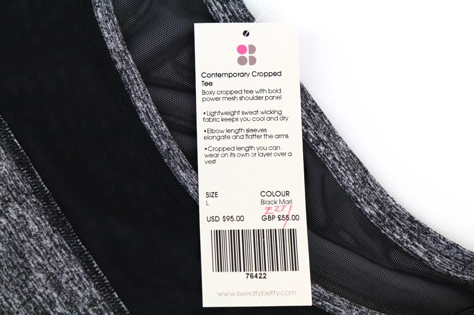 SWEATY BETTY Contemporary Women's T-Shirt L Grey Stretch Cropped Sleeve