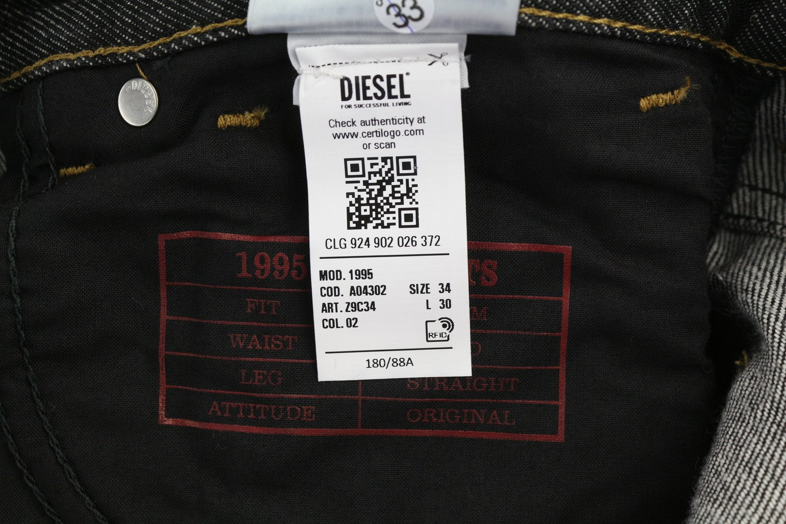 DIESEL 1995 Z9C34 vyriški džinsai W34/L30 ploni tiesūs klešniai su sagomis, tamsūs, rekomenduojama kaina 185 € 