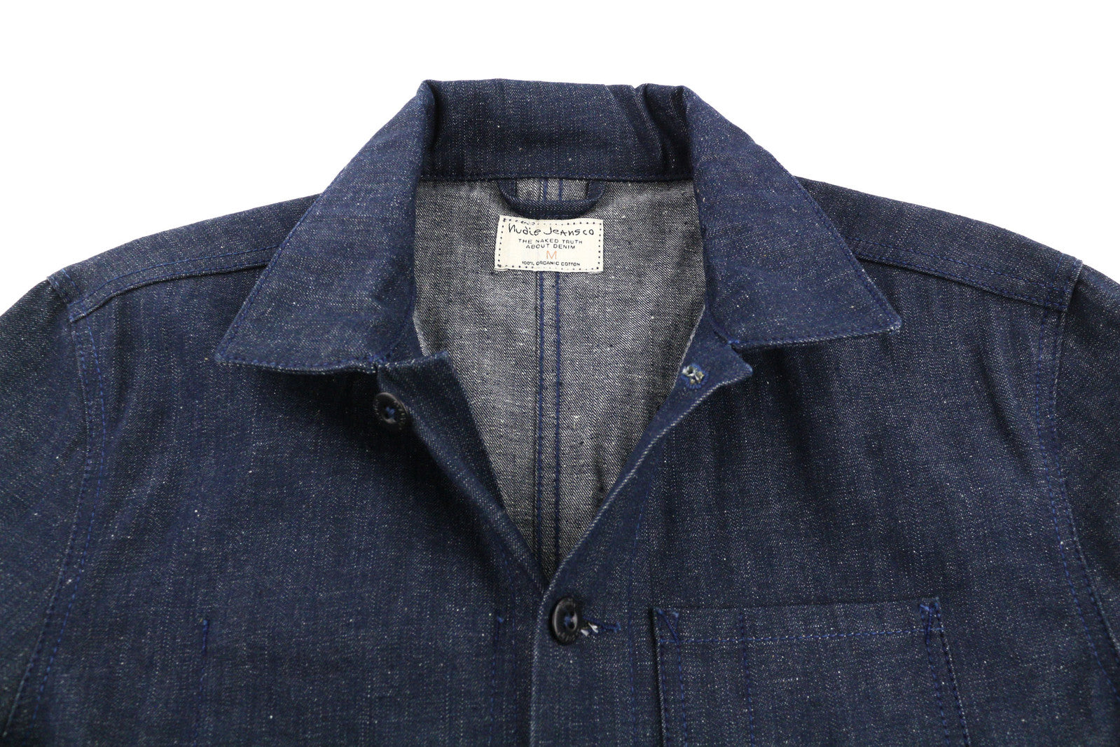 NUDIE Tryggve vyriška striukė M su sagomis ant kaklo, tamsiai džinsinė 