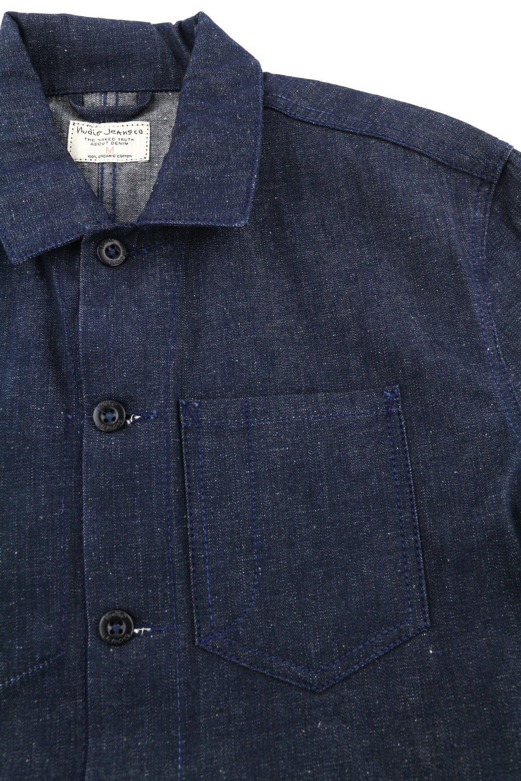 NUDIE Tryggve vyriška striukė M su sagomis ant kaklo, tamsiai džinsinė 