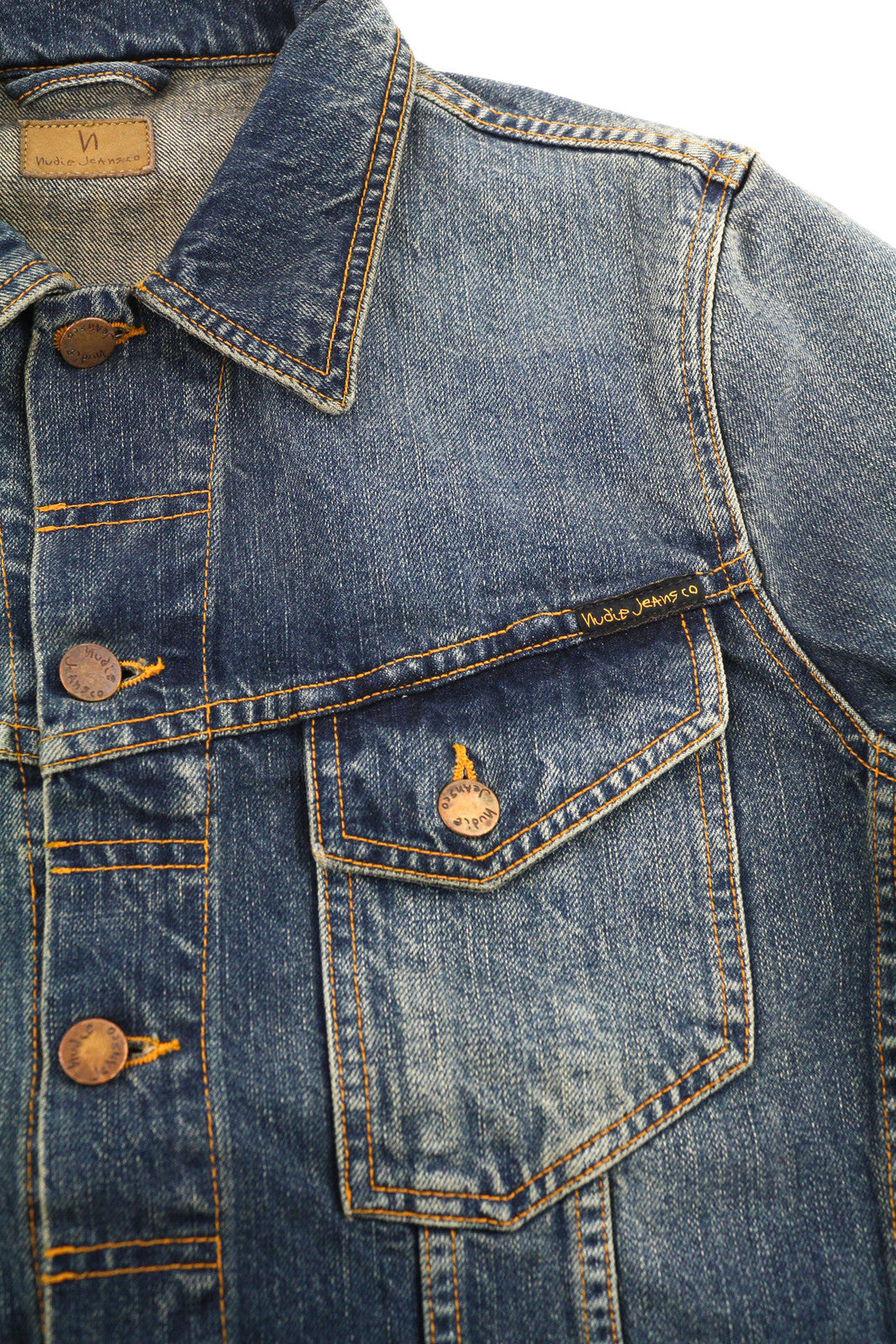 NUDIE Billy vyriška striukė S mėlyna Friend ekologiška sagomis užsegama apykakle skalbto džinso 