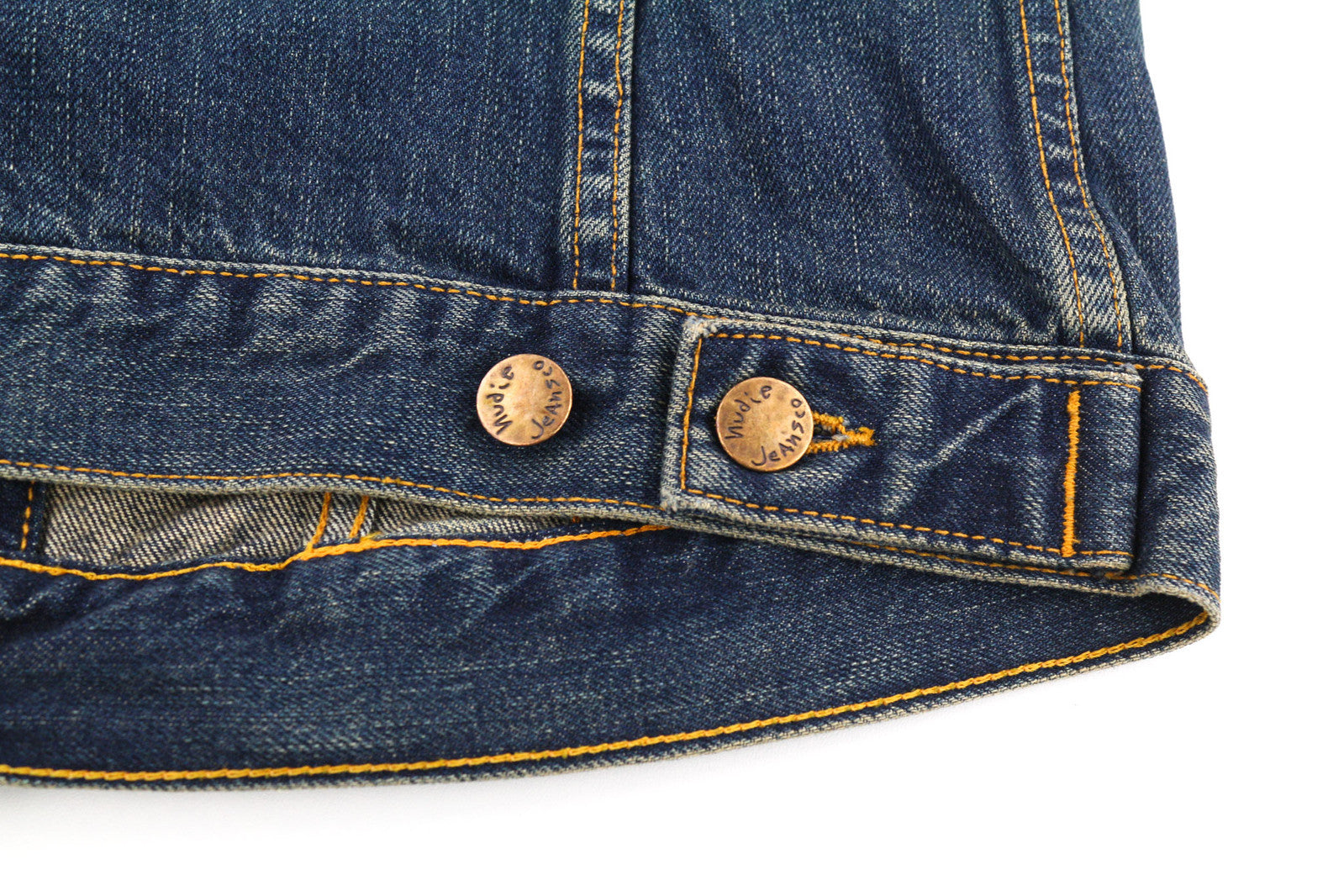 NUDIE Billy vyriška striukė S mėlyna Friend ekologiška sagomis užsegama apykakle skalbto džinso 