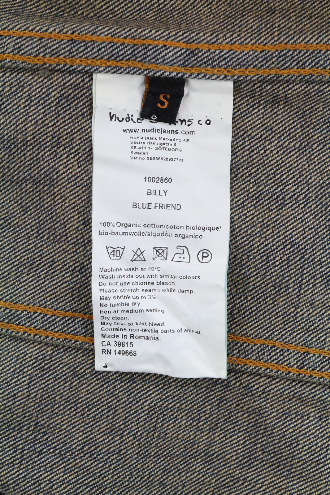 NUDIE Billy vyriška striukė S mėlyna Friend ekologiška sagomis užsegama apykakle skalbto džinso 
