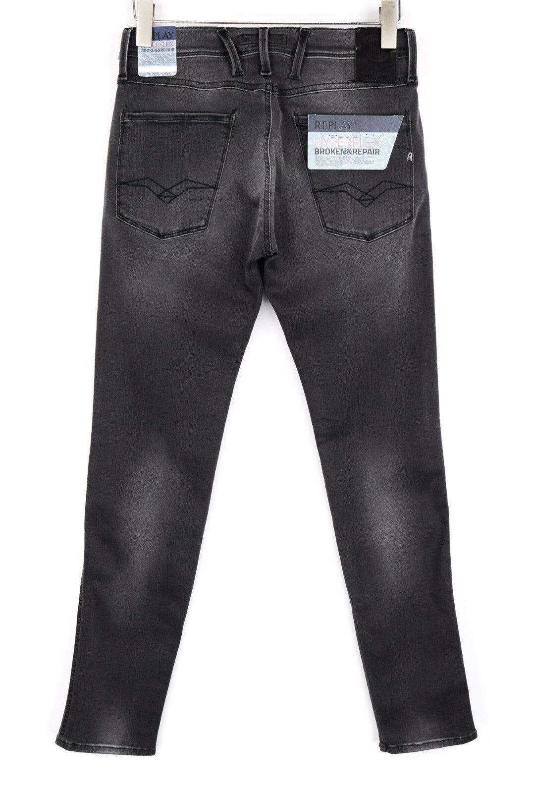REPLAY vyriški džinsai W28/L32 Anbass Grey Hyperflex Slim su dirbtiniais defektais ir užtrauktuku 