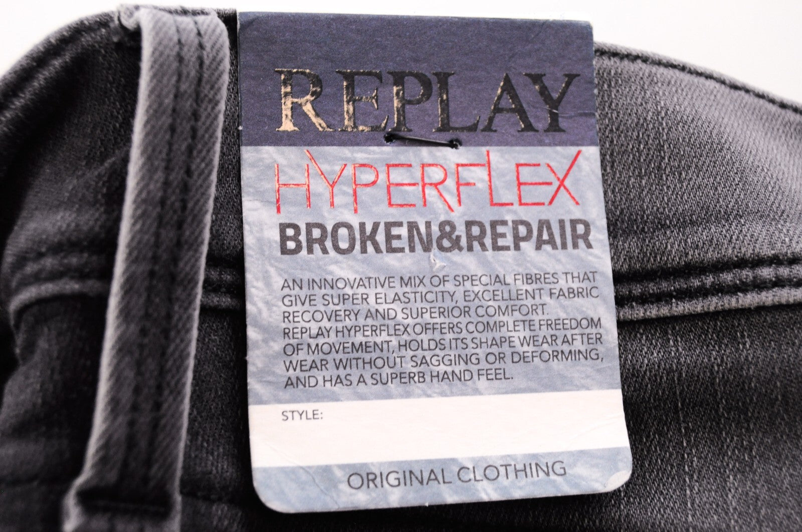 REPLAY vyriški džinsai W28/L32 Anbass Grey Hyperflex Slim su dirbtiniais defektais ir užtrauktuku 