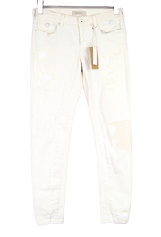 MAISON SCOTCH moteriški džinsai W28/L30 aptempti balti su nutrintais kraštais ir užtrauktuku „Parisienne“ 