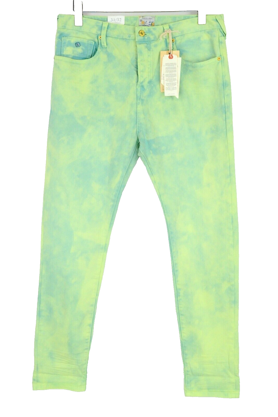 SCOTCH &amp; SODA vyriški džinsai W31/L32 itin ploni, žali, aukšta juostele, dažyti drabužiais 