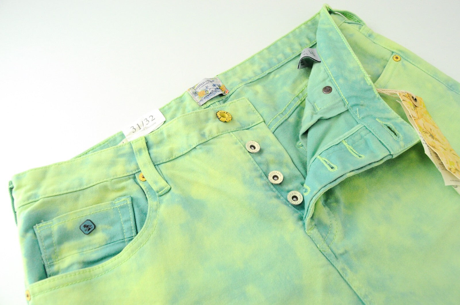 SCOTCH &amp; SODA vyriški džinsai W31/L32 itin ploni, žali, aukšta juostele, dažyti drabužiais 