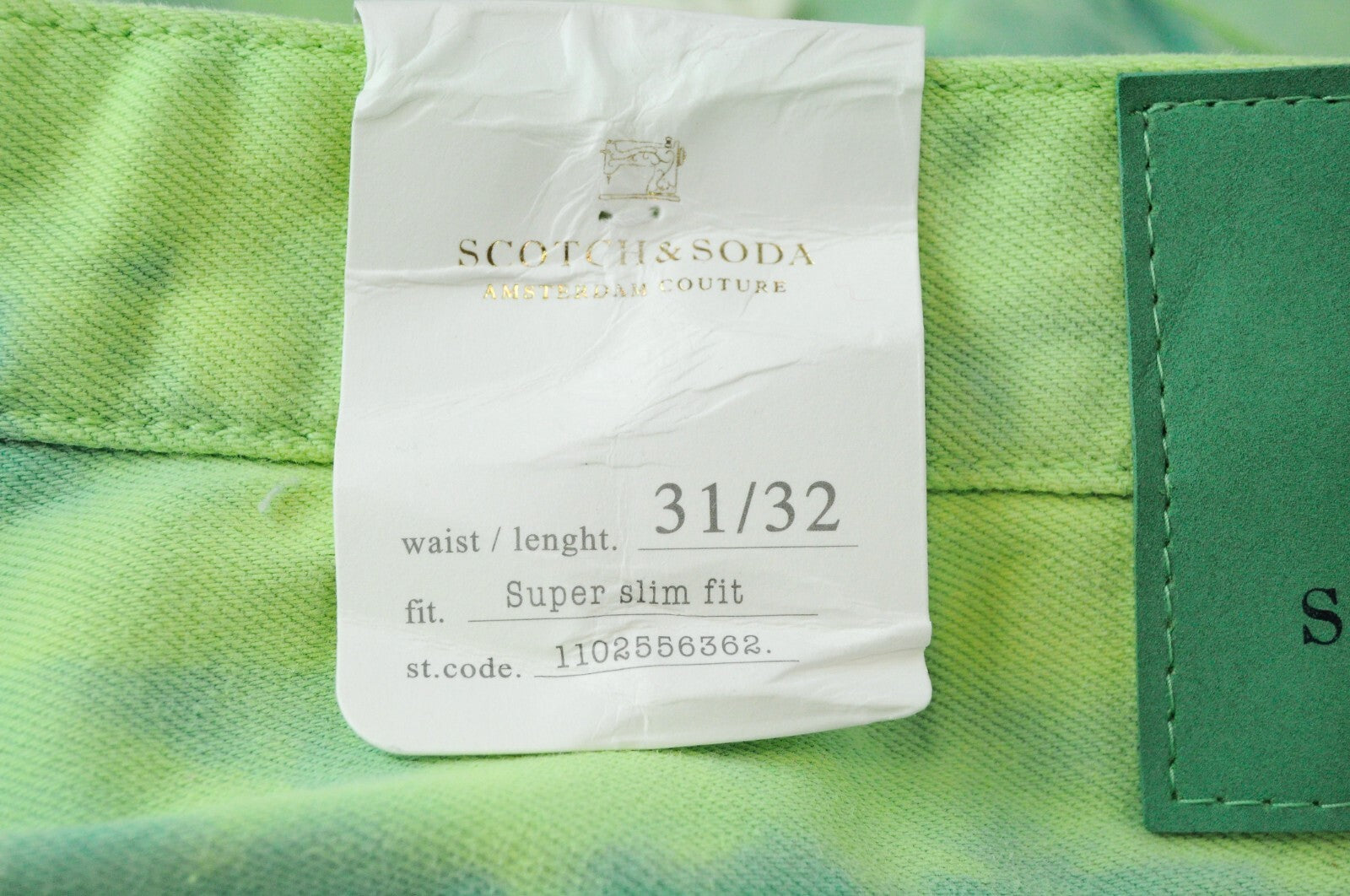 SCOTCH &amp; SODA vyriški džinsai W31/L32 itin ploni, žali, aukšta juostele, dažyti drabužiais 