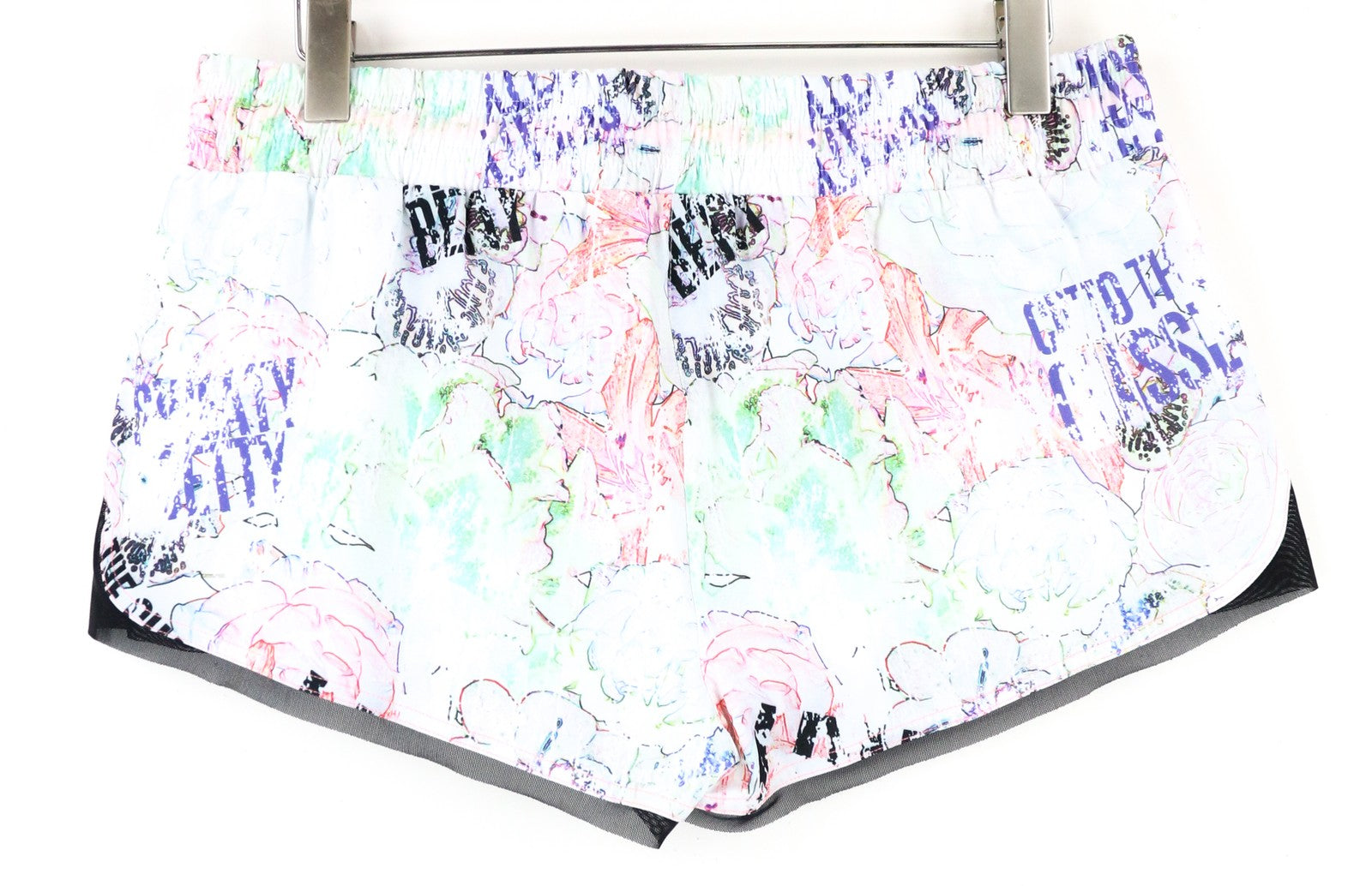 SWEATY BETTY Pas De Chat Dance moteriški šortai XL dydžio, balti, tamprūs su grafiti raštu 