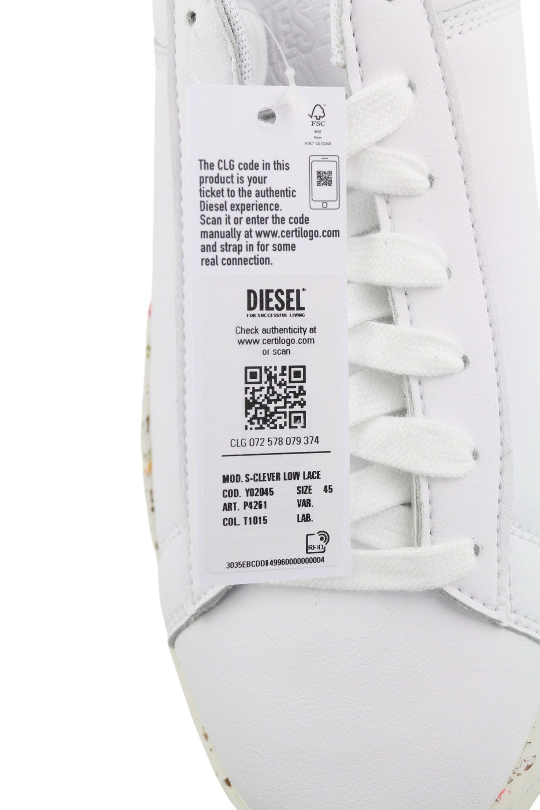 DIESEL S-Clever žemi nėrinių vyriški sportbačiai, baltos odos, 45 dydis, RRP140