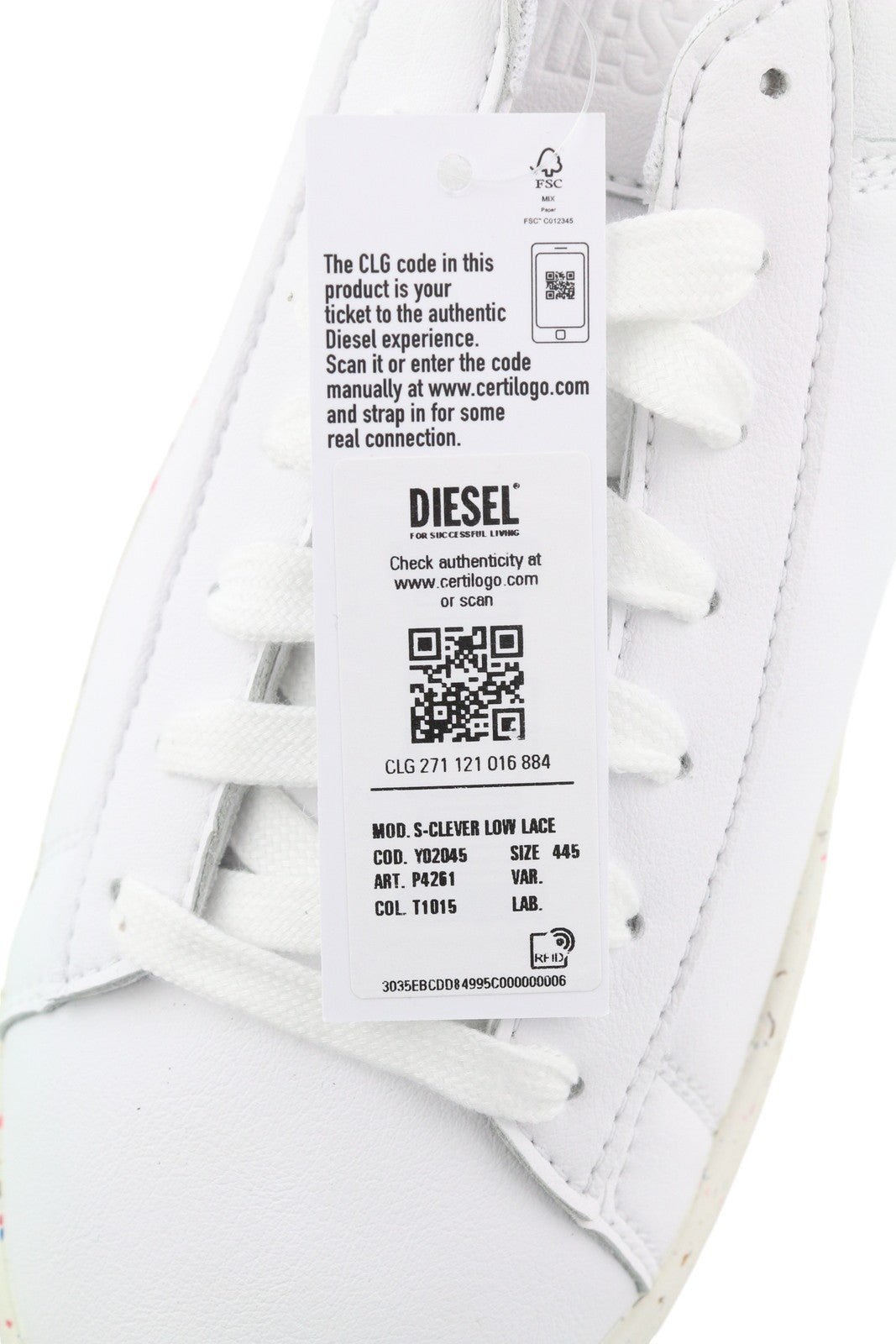 DIESEL S-Clever žemi nėrinių vyriški sportbačiai, 44.5 dydis, baltos odos, migdolų nosis, rekomenduojama kaina – 140 € 