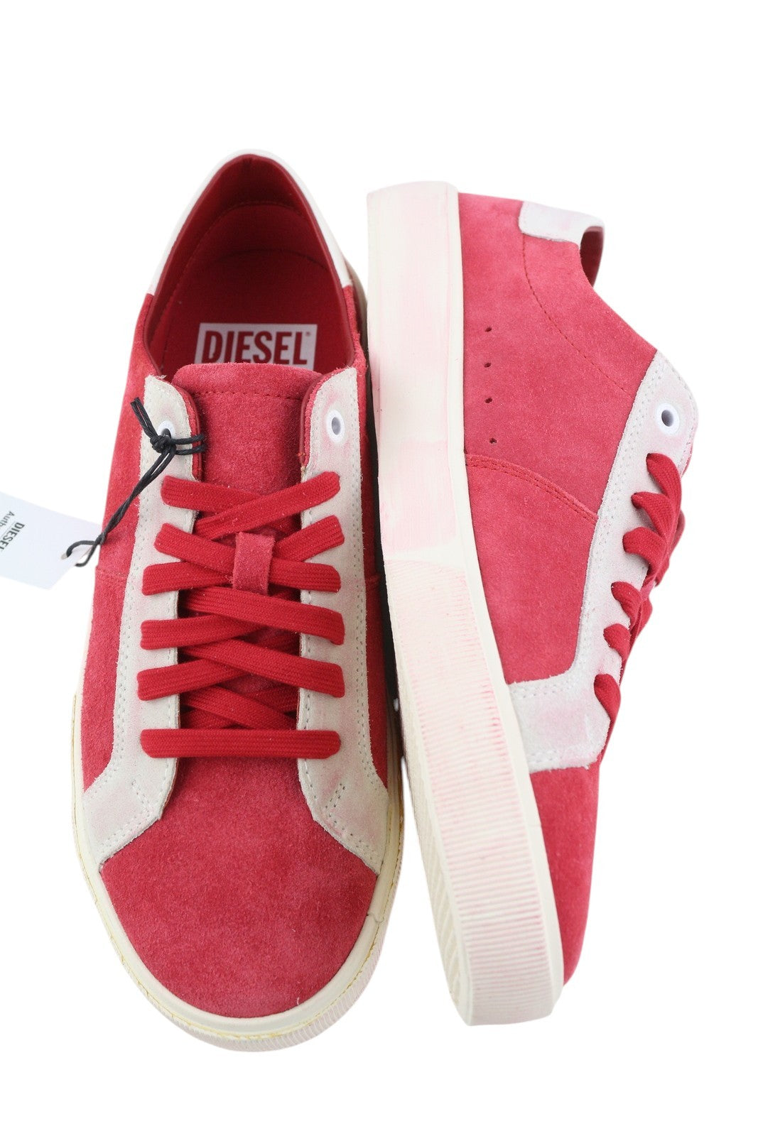 DIESEL S-Mydori LC vyriški sportbačiai, raudoni, zomšiniai, odiniai, migdolų spalvos, žemakulniai, RRP 200 € 