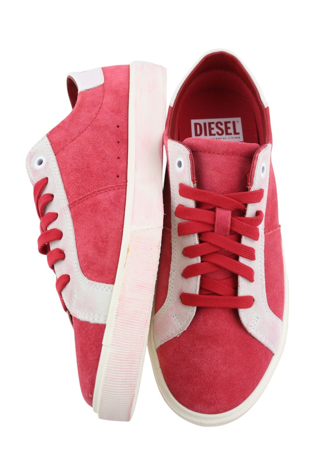 DIESEL S-Mydori LC vyriški sportbačiai, raudoni, zomšiniai, odiniai, migdolų spalvos, žemakulniai, RRP 200 € 