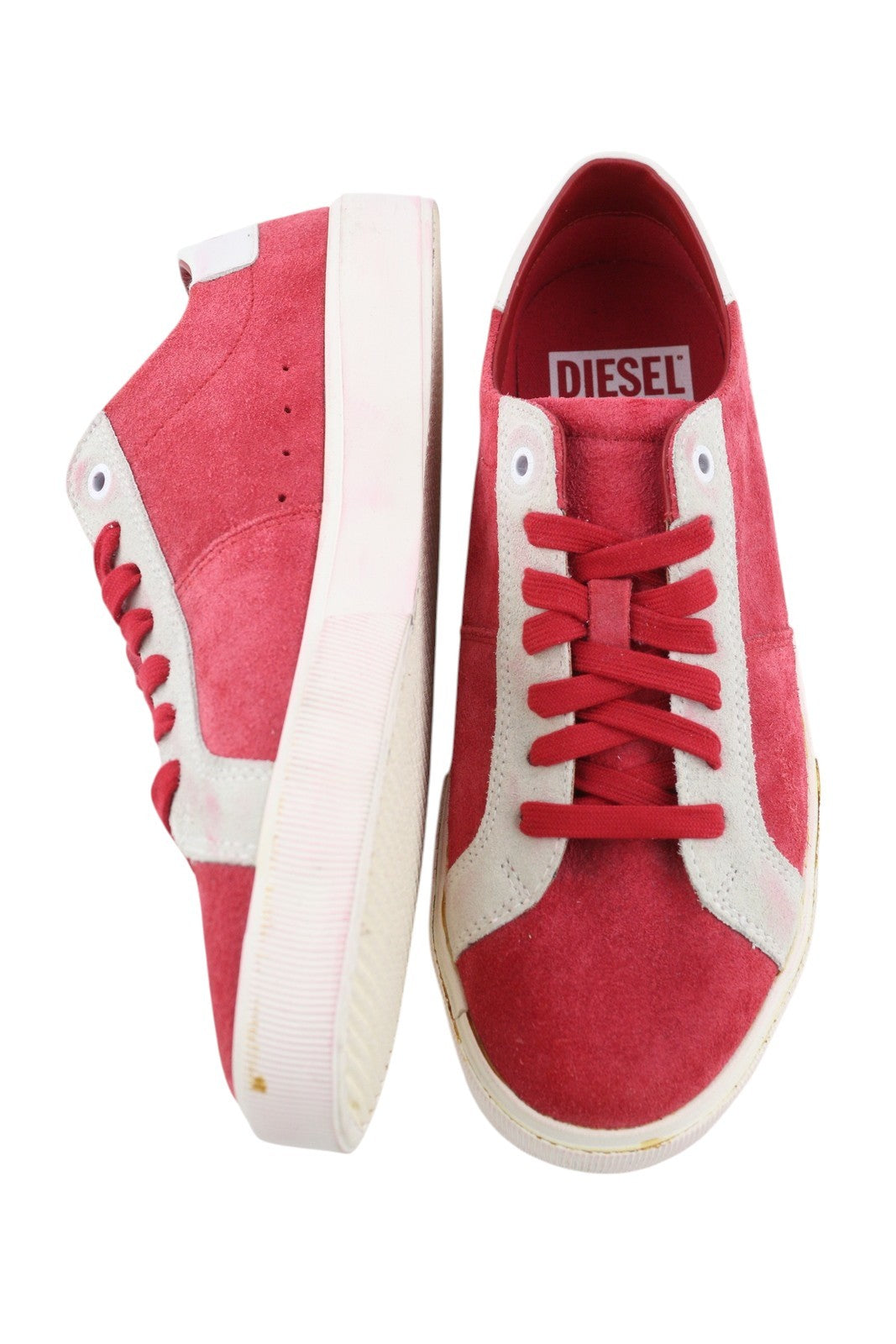 DIESEL S-Mydori LC vyriški sportbačiai, raudoni, zomšiniai, odiniai, migdolų spalvos, žemakulniai, RRP 200 € 