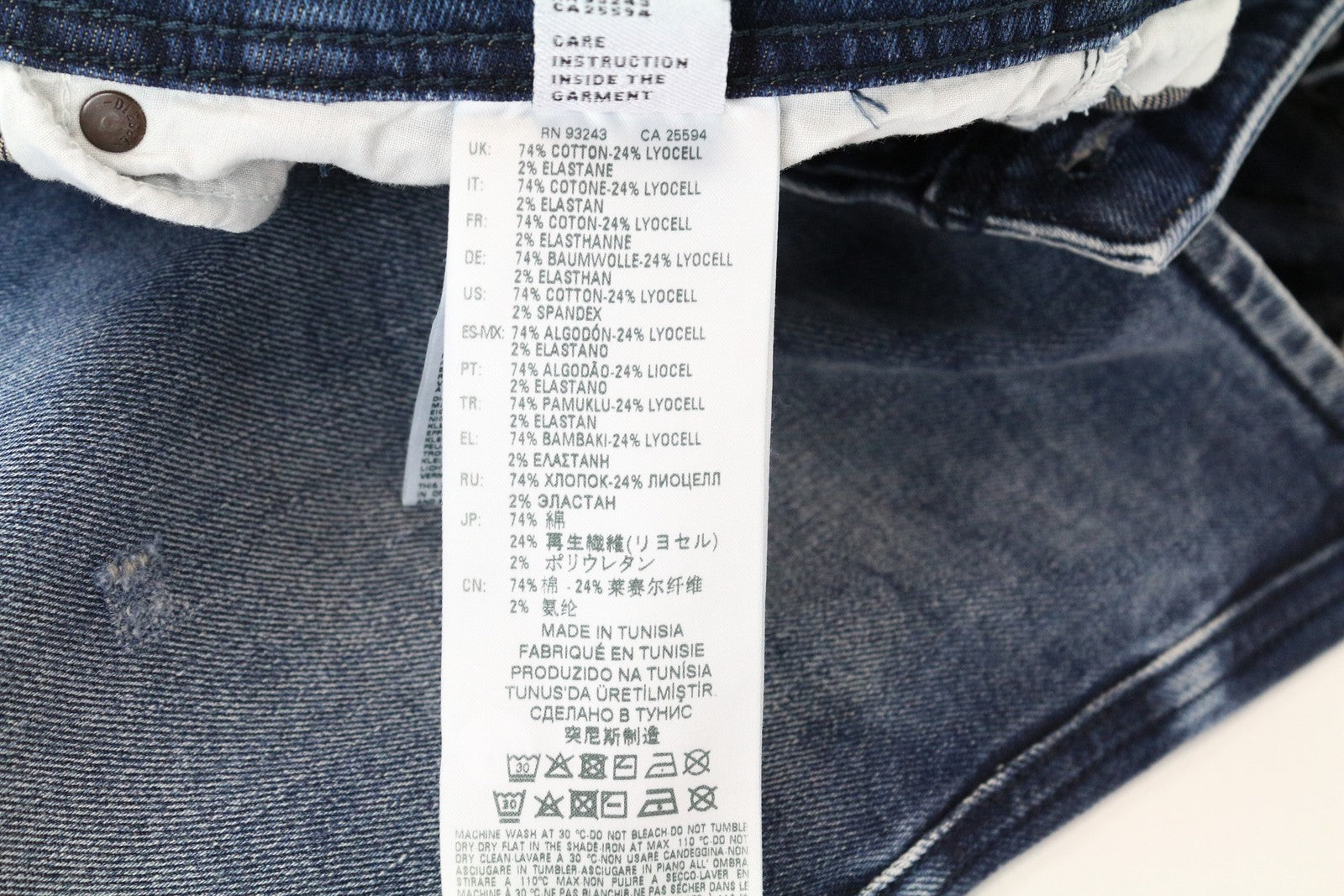 DIESEL Iakop R8Q1A vyriški ploni siaurėjantys džinsai W28 L30 mėlyni medvilniniai tamprūs džinsai su plėšytomis siūlėmis 