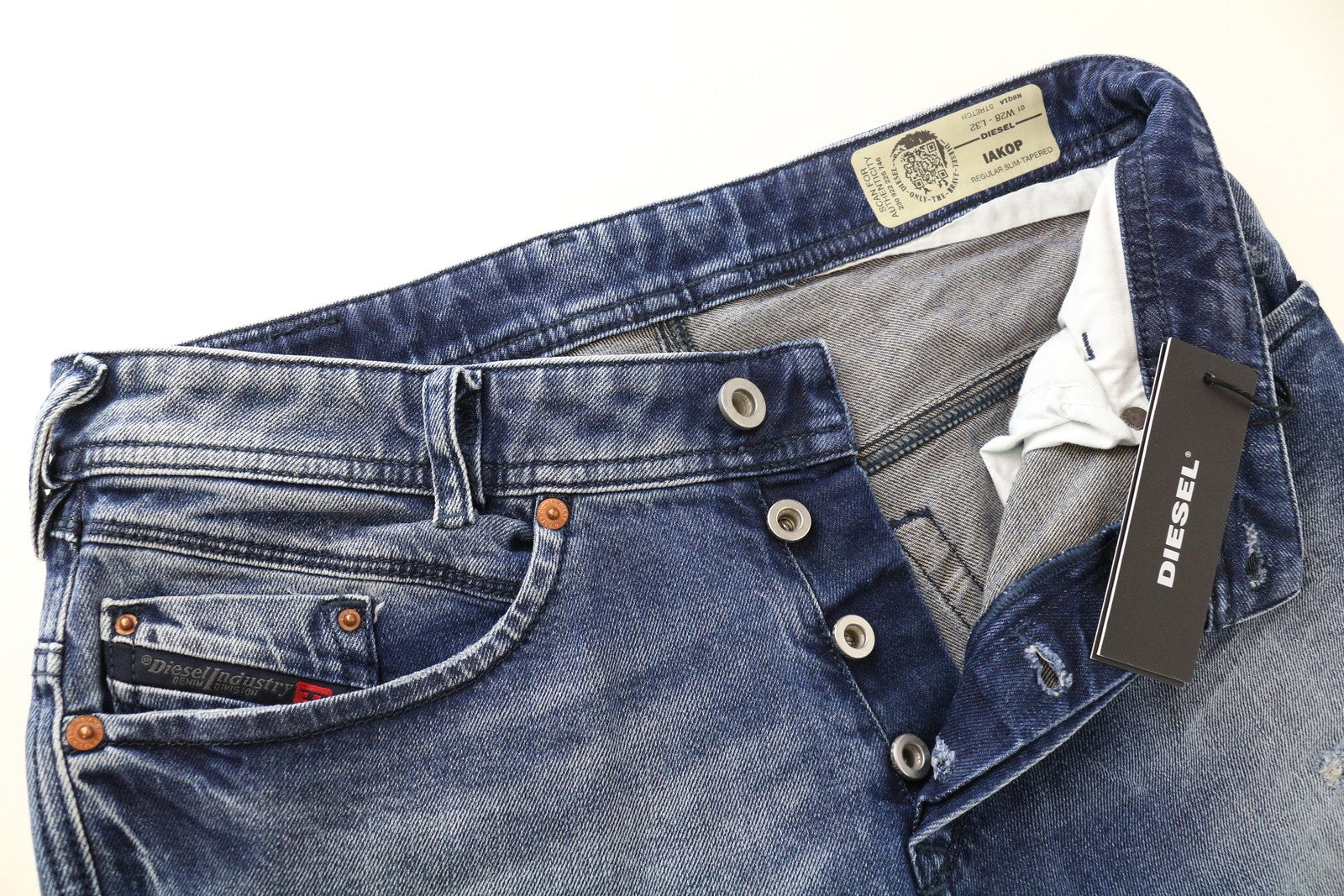 DIESEL Iakop R8Q1A vyriški plėšyti mėlyni džinsai W28 L32 Slim siaurėjantys medvilniniai tamprūs džinsai 