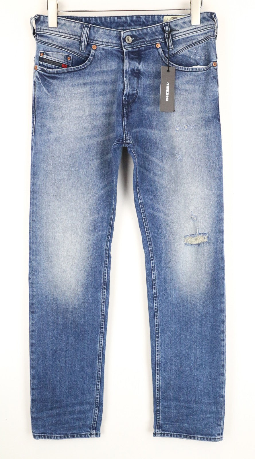 DIESEL Iakop R8Q1A Slim Taper mėlyni plėšyti vyriški džinsai W29 L32 tampri medvilnė 