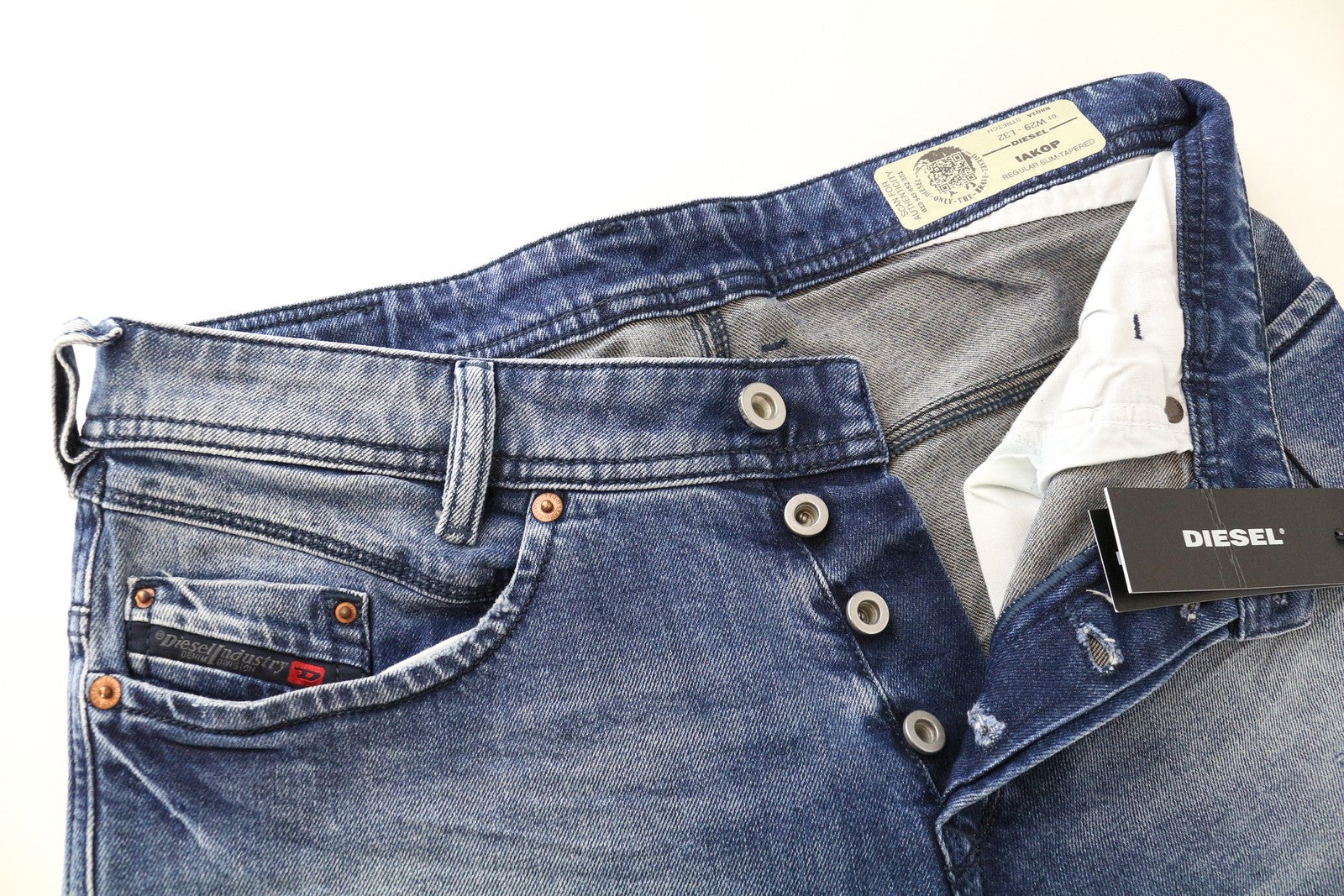 DIESEL Iakop R8Q1A Slim Taper mėlyni plėšyti vyriški džinsai W29 L32 tampri medvilnė 