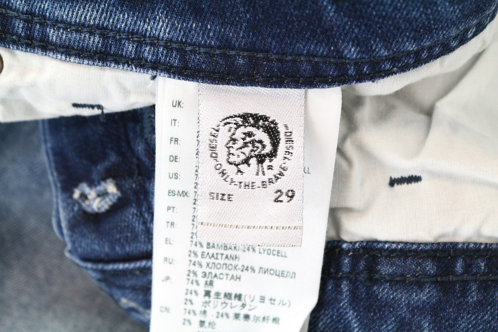 DIESEL Iakop R8Q1A Slim Taper mėlyni plėšyti vyriški džinsai W29 L32 tampri medvilnė 