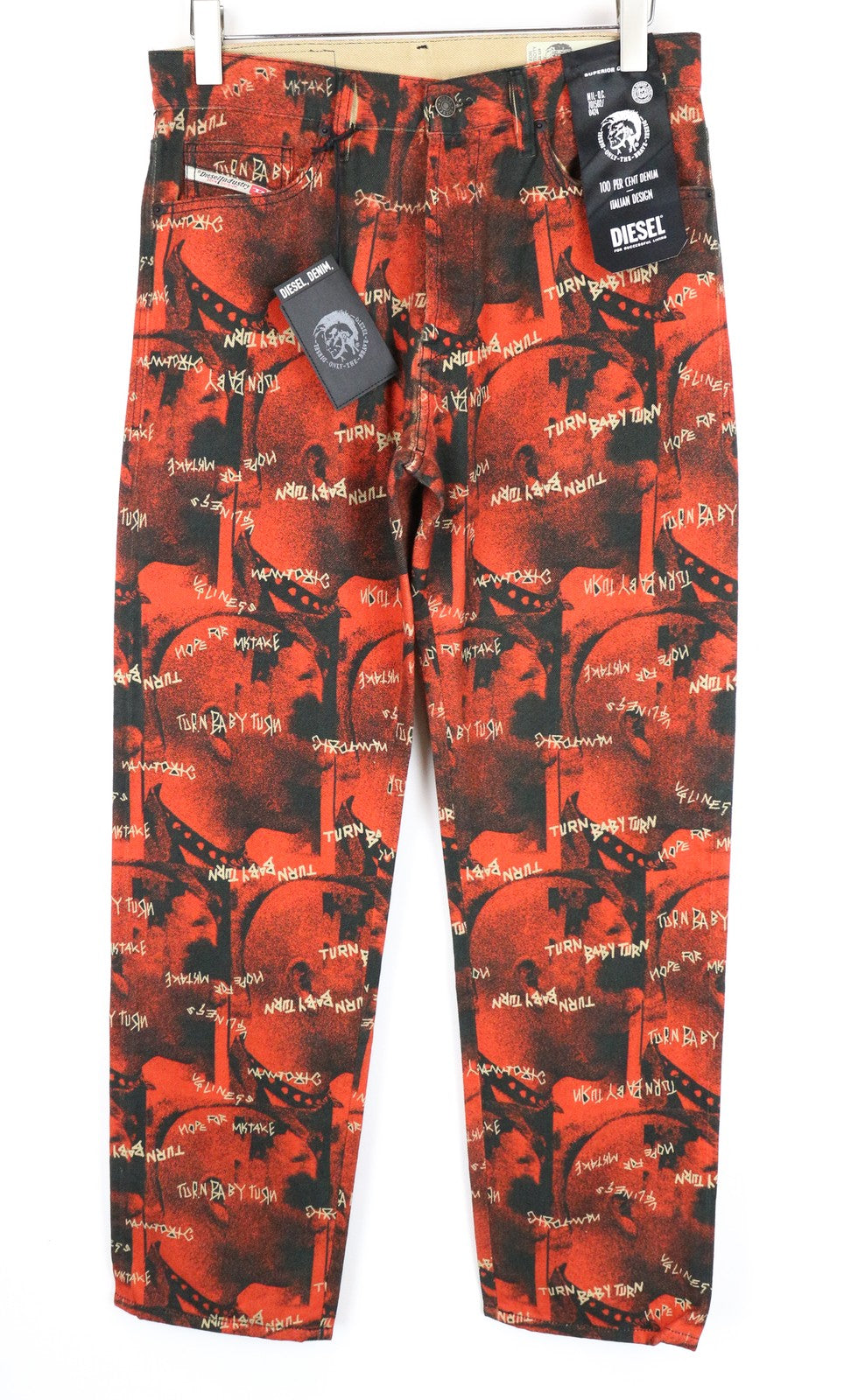 DIESEL D-Macs-SY1 069KR W30 L32 vyriški raudoni medvilniniai tiesaus kirpimo raštuoti džinsai 