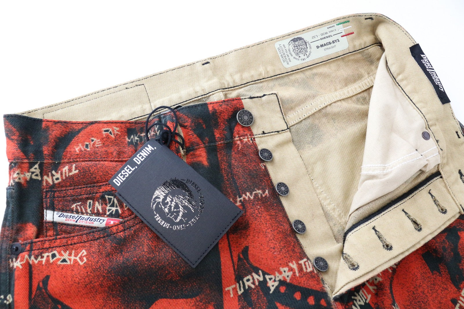 DIESEL D-Macs-SY1 069KR W30 L32 vyriški raudoni medvilniniai tiesaus kirpimo raštuoti džinsai 