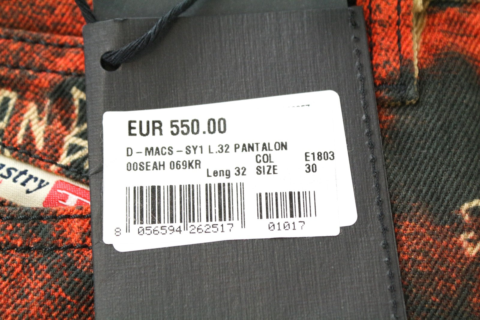 DIESEL D-Macs-SY1 069KR W30 L32 vyriški raudoni medvilniniai tiesaus kirpimo raštuoti džinsai 