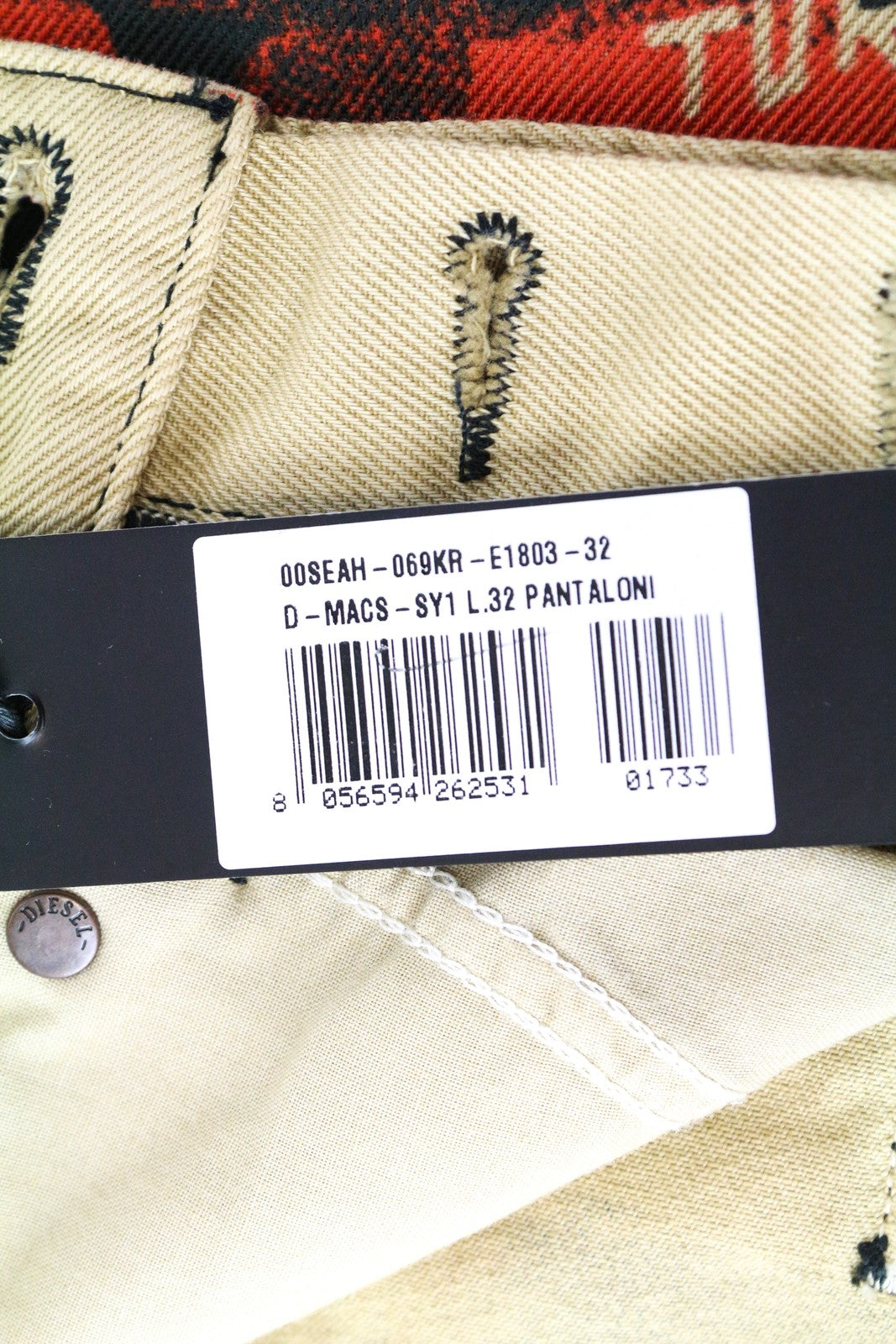 DIESEL D-Macs-SY1 069KR vyriški raudoni medvilniniai tiesūs džinsai W32 L32 5 kišenių raštu 