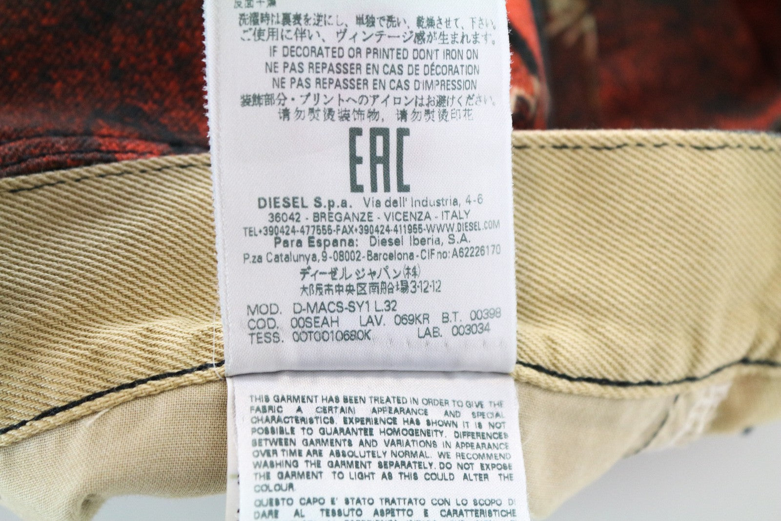 DIESEL D-Macs-SY1 069KR vyriški raudoni medvilniniai tiesūs džinsai W32 L32 5 kišenių raštu 