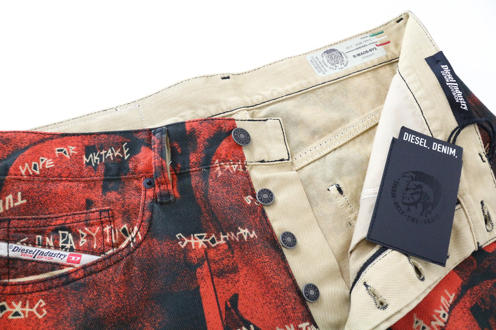 DIESEL D-Macs-SY1 069KR vyriški tiesūs džinsai, raudoni W32 L32 medvilniniai su kišenėmis 