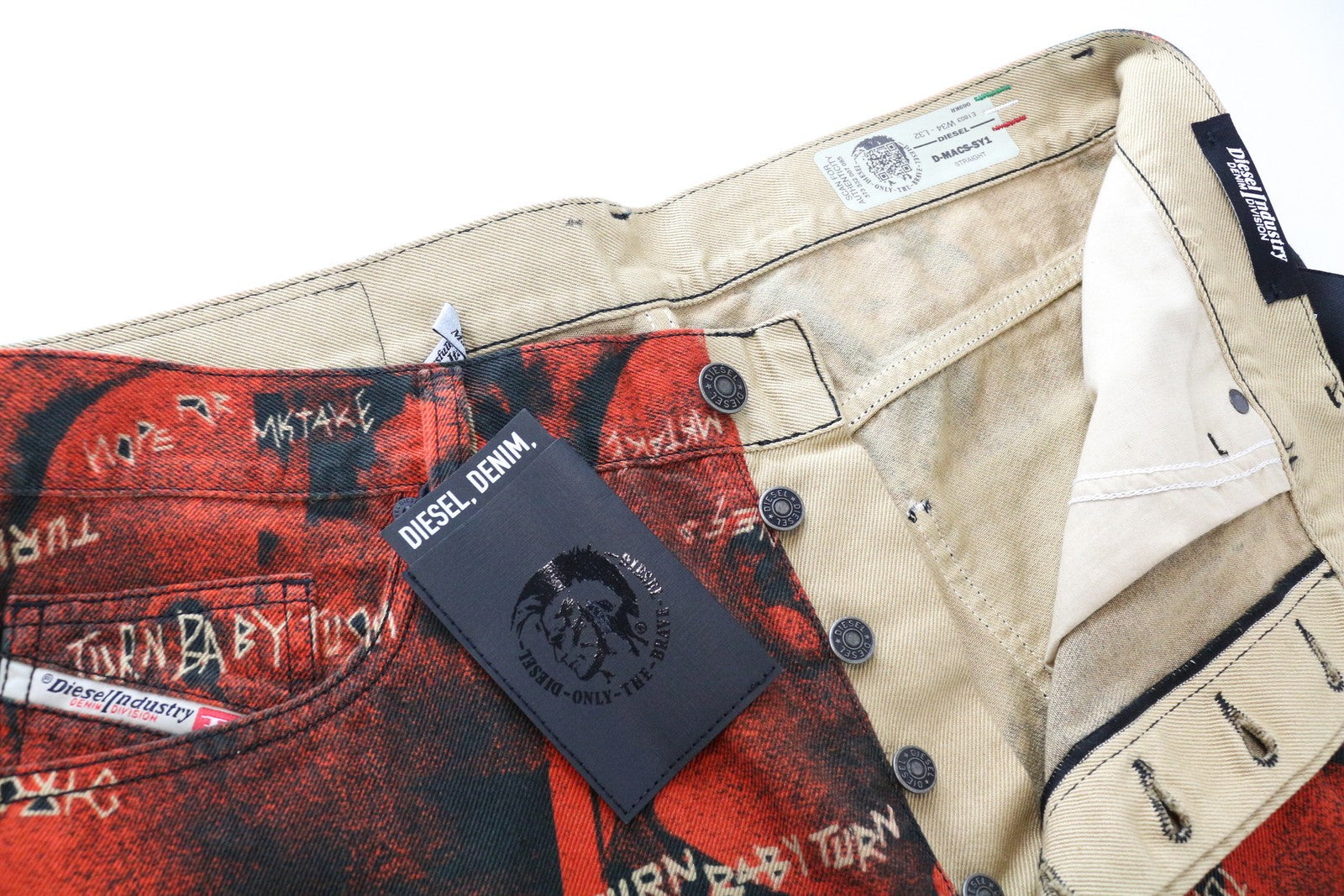 DIESEL D-Macs-SY1 069KR tiesaus kirpimo vyriški džinsai W34 L32 raudoni medvilniniai raštuoti džinsai 