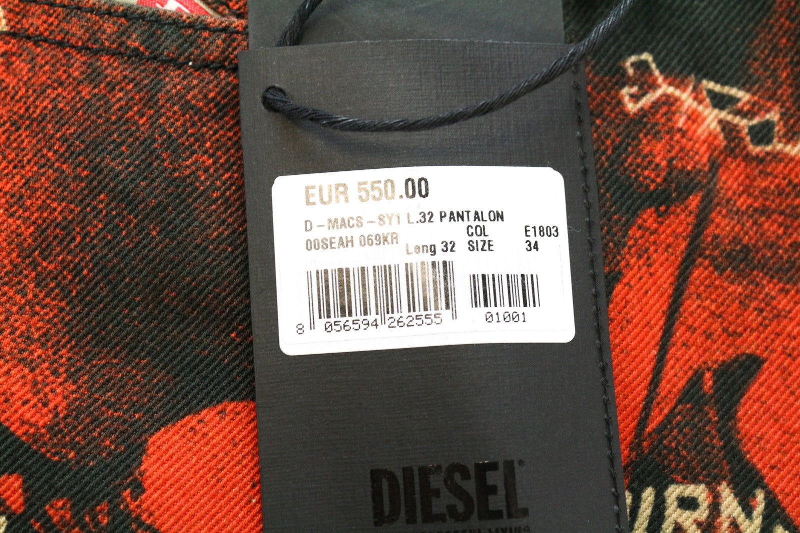 DIESEL D-Macs-SY1 069KR tiesaus kirpimo vyriški džinsai W34 L32 raudoni medvilniniai raštuoti džinsai 