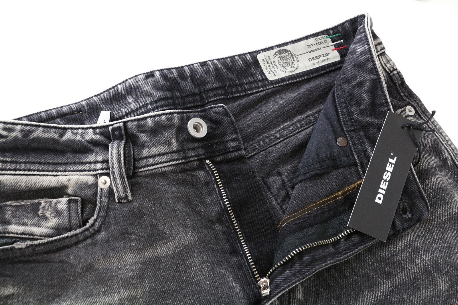 DIESEL Deepzip 084WQ W29 L32 vyriški ploni morkų stiliaus džinsai iš skalbtos pilkos medvilnės, tamprios medžiagos 