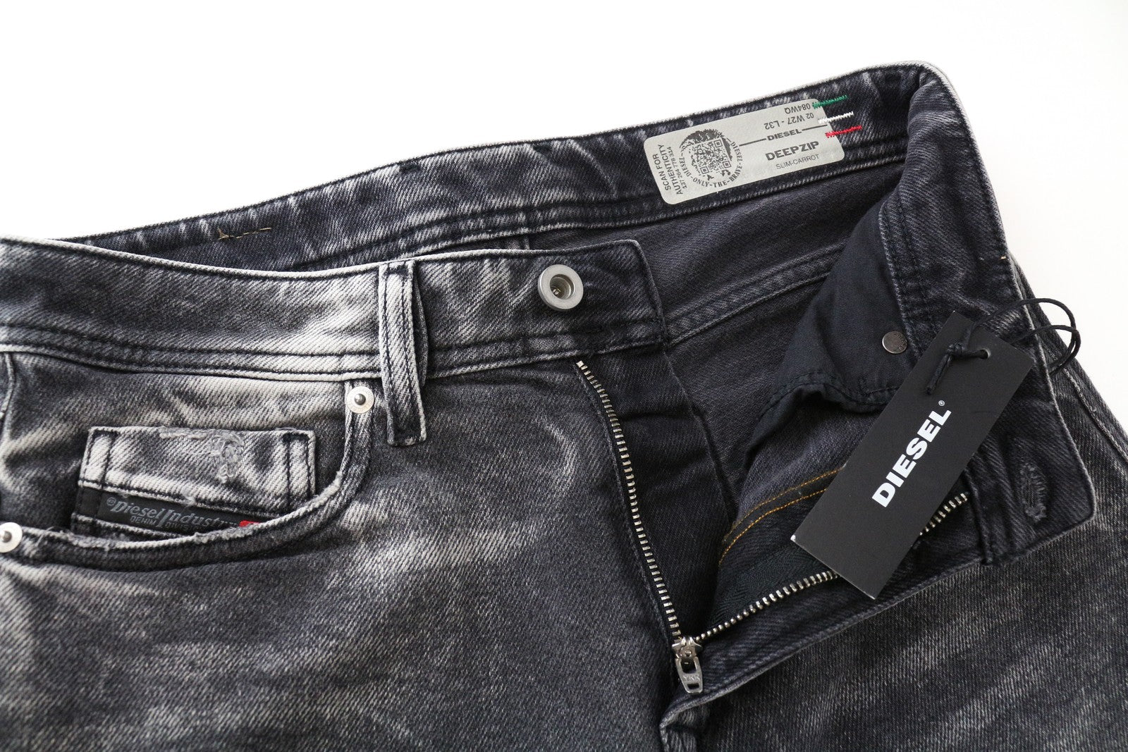 DIESEL Deepzip 084WQ W27 L32 vyriški pilki morkų spalvos, prigludusio kirpimo džinsai iš skalbtos medvilnės 