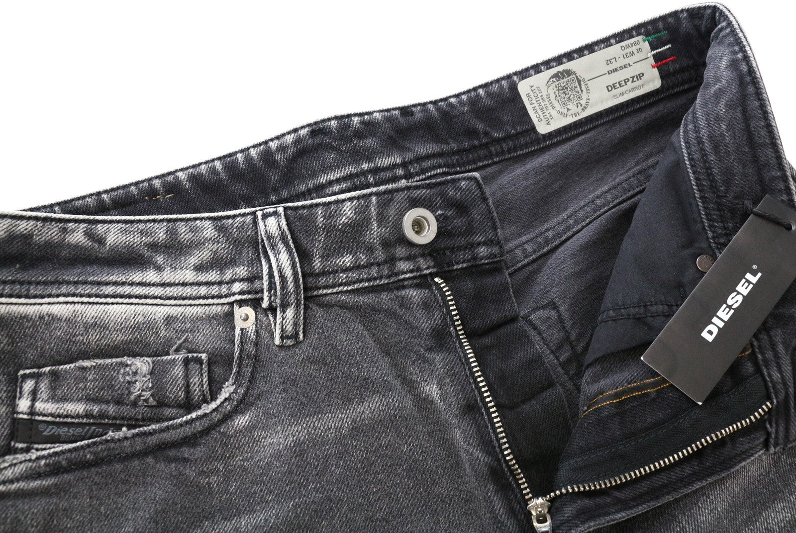 DIESEL Deepzip 084WQ vyriški ploni morkų stiliaus džinsai W31 L32 skalbtos pilkos medvilnės tamprės 