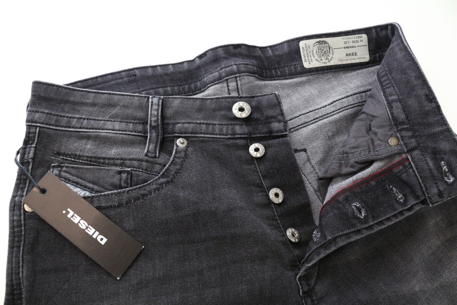 DIESEL Akee 0687J Slim Tapered Washed Grey džinsai vyrams, medvilniniai, W28 L30 