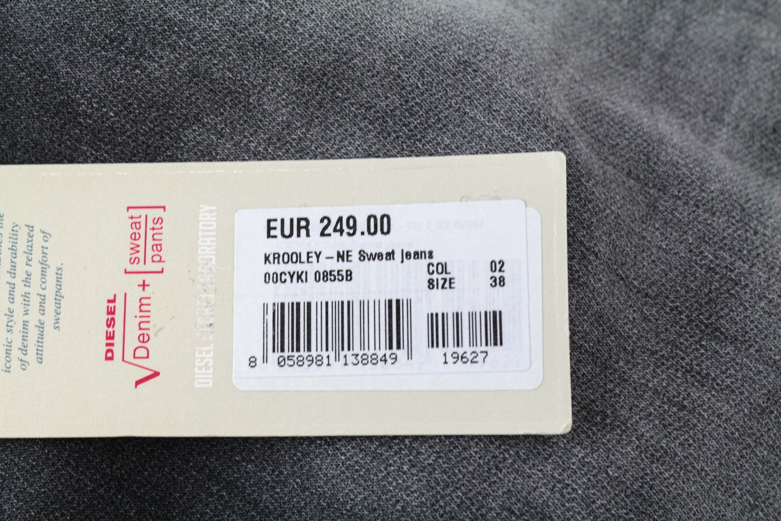 DIESEL Krooley-NE 0855B W38 vyriški pilki sportiniai džinsai su užtrauktuku ir melanžu 