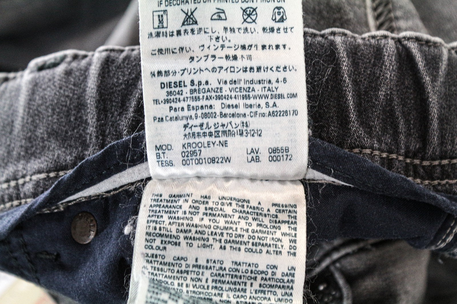 DIESEL Krooley-NE 0855B W38 vyriški pilki sportiniai džinsai su užtrauktuku ir melanžu 