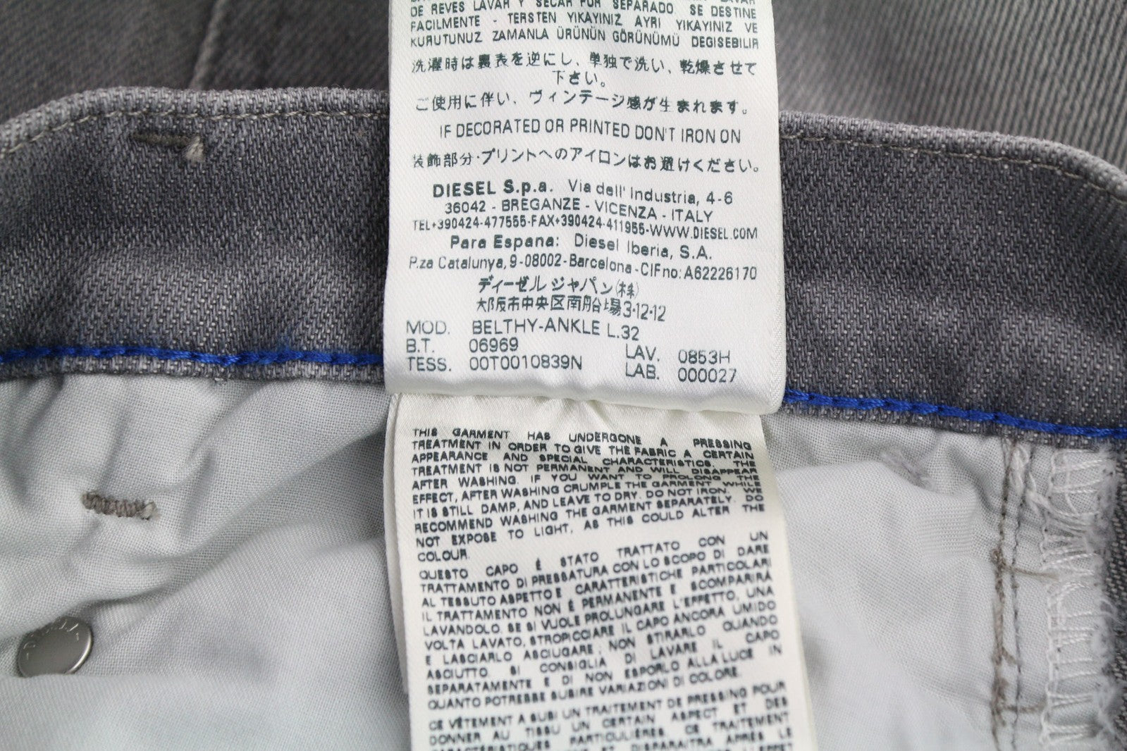 DIESEL Belthy-Ankle 0853H Women Jeans W24/L32 Slim Straight Fit Grey Distressed