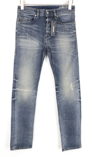 DIESEL Buster R78U6 mėlyni W27 L30 ploni, siaurėjantys vyriški džinsai su išblukusiu raštu. 