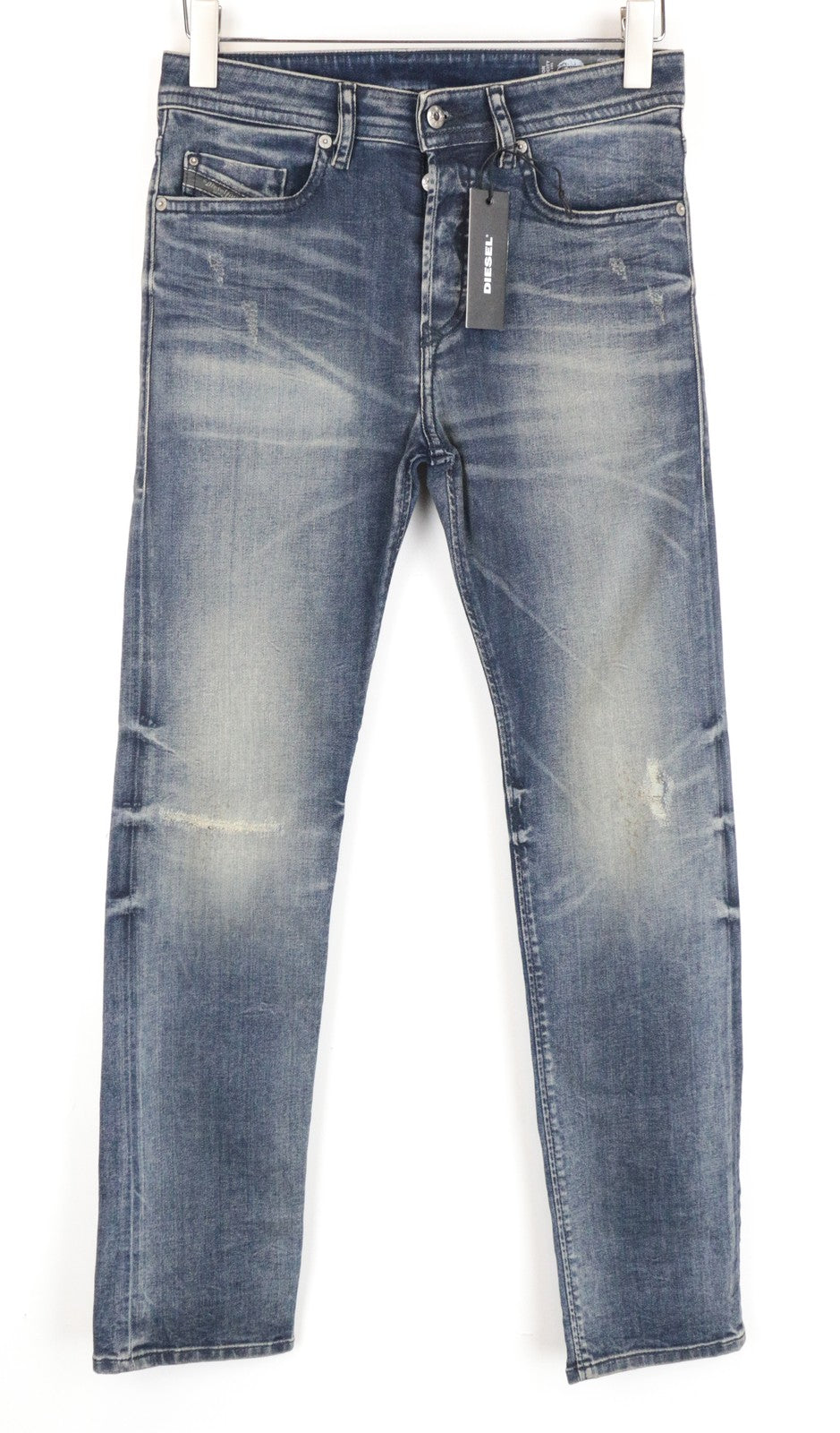 DIESEL Buster R78U6 mėlyni W27 L30 ploni, siaurėjantys vyriški džinsai su išblukusiu raštu. 