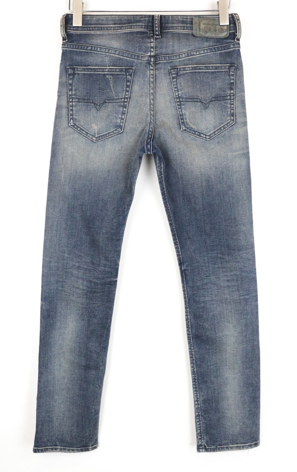 DIESEL Buster R78U6 mėlyni W27 L30 ploni, siaurėjantys vyriški džinsai su išblukusiu raštu. 