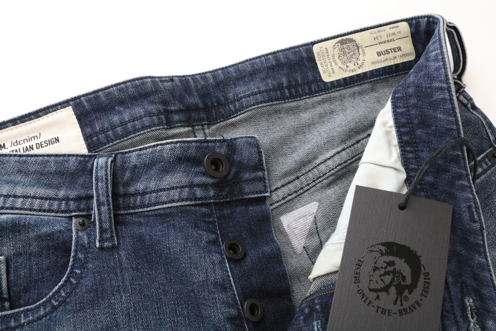 DIESEL Buster 084AS Mid-Blue W31 L34 Slim Fit siaurėjantys tamprūs džinsai su sagomis vyrams 