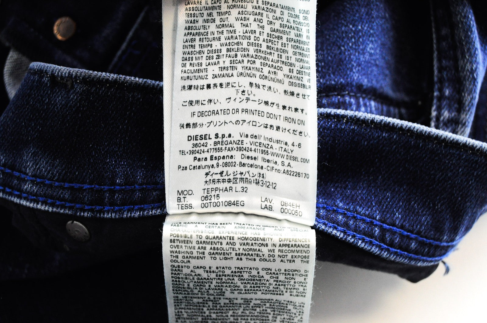 DIESEL Tepphar 084EH vyriški džinsai W38/L32 Slim morkų mėlynos spalvos, tamprios medvilnės 
