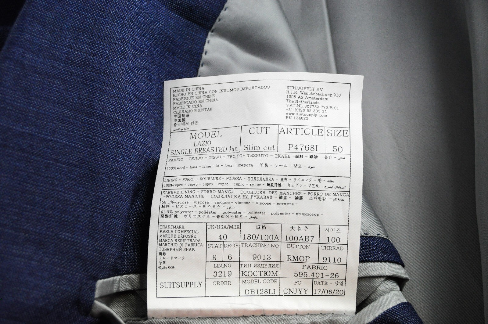 SUITSUPPLY Lazio Men's Suit UK40R Blue Wool Two Piece Slim Formal Cut