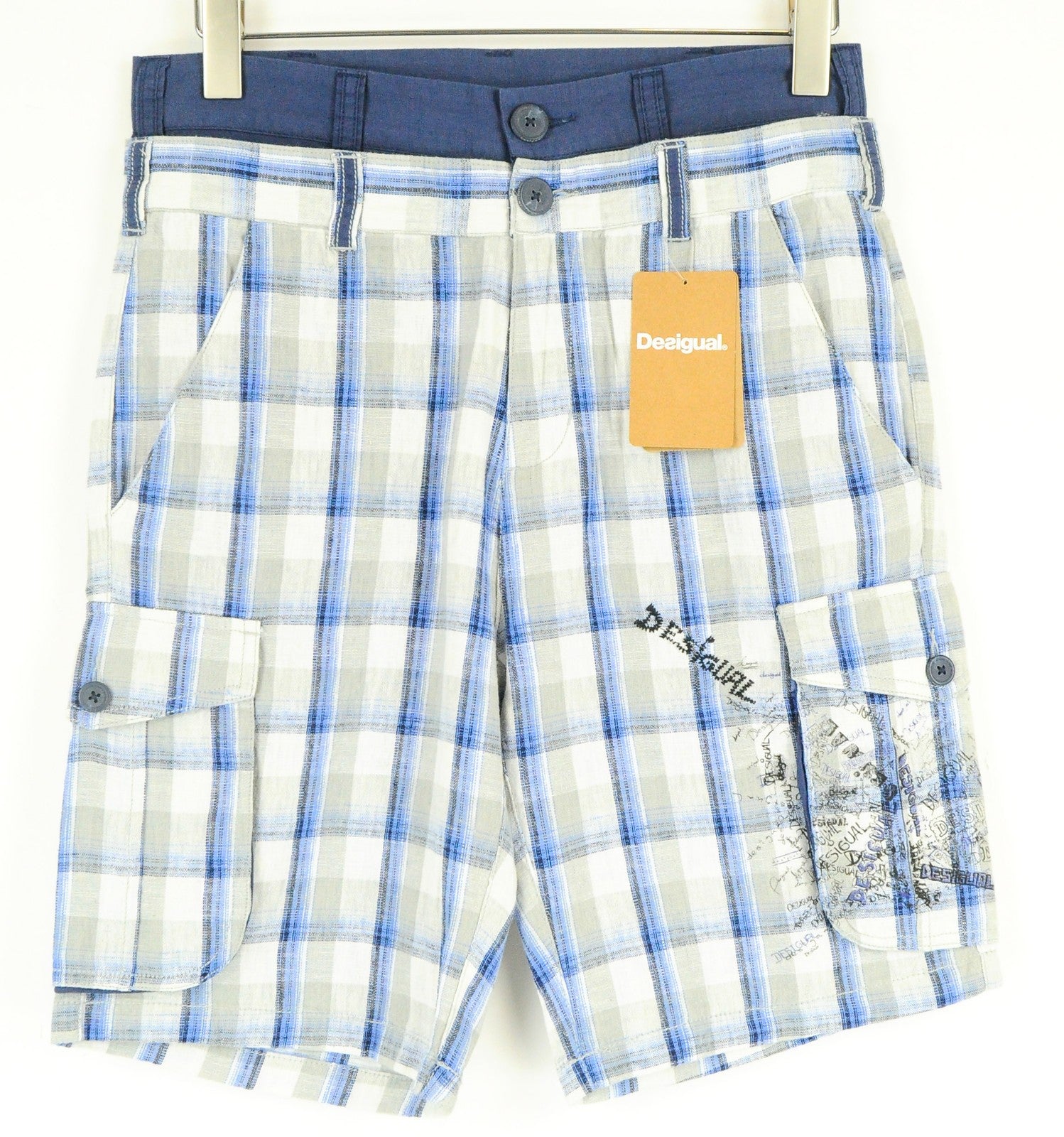 DESIGUAL Pant Paul Men's Shorts 28 Linen Cotton Blend Checked Cargo Style