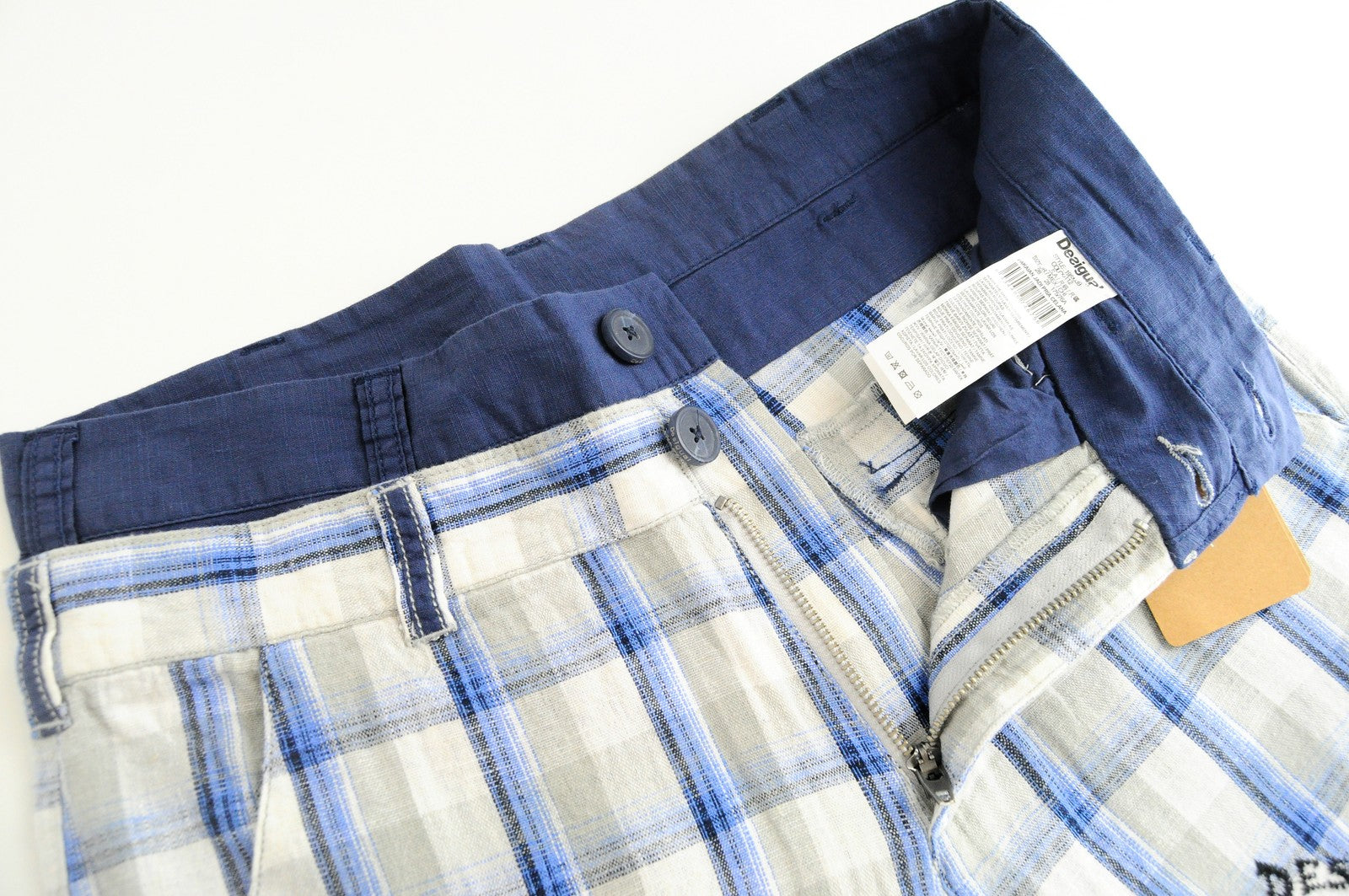 DESIGUAL Pant Paul Men's Shorts 28 Linen Cotton Blend Checked Cargo Style