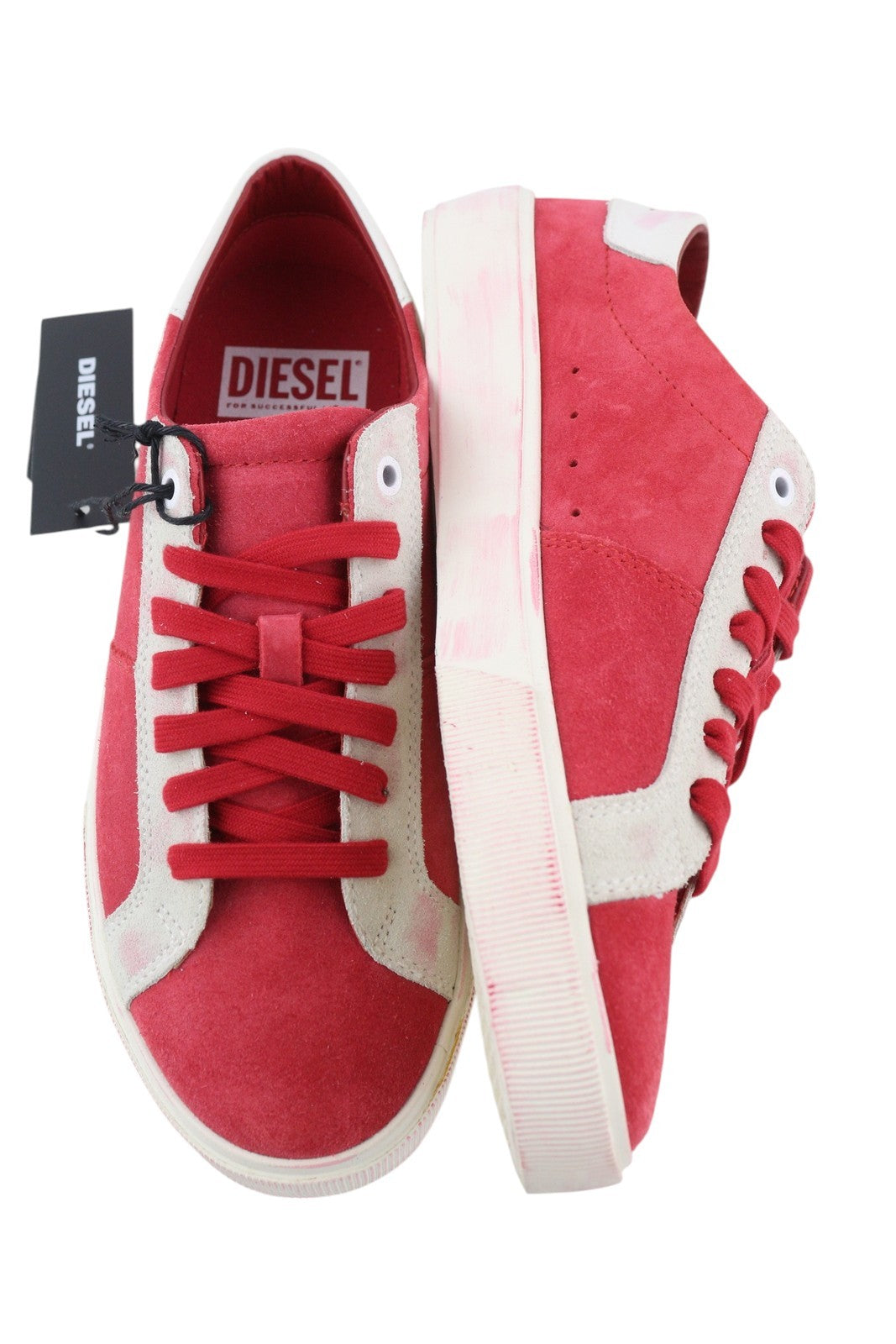 DIESEL S-Mydori LC vyriški sportbačiai, raudoni, zomšiniai, odiniai, migdolų spalvos noseliai, suvarstyti, RRP 200 € 
