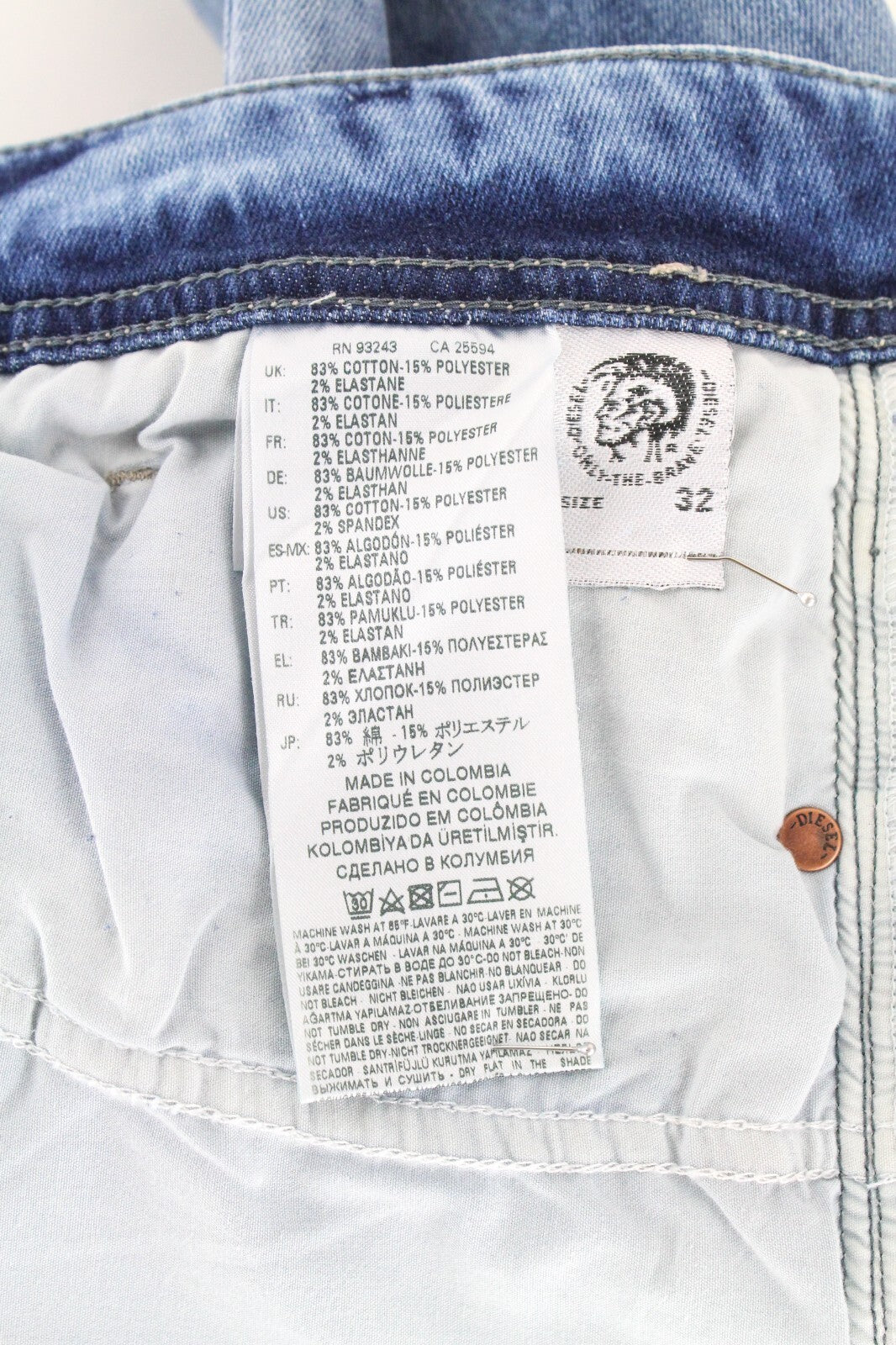 DIESEL Sleenker RC4DK vyriški džinsai W32/L32 Slim Skinny Cotton Stretch, mėlyni, skalbti 