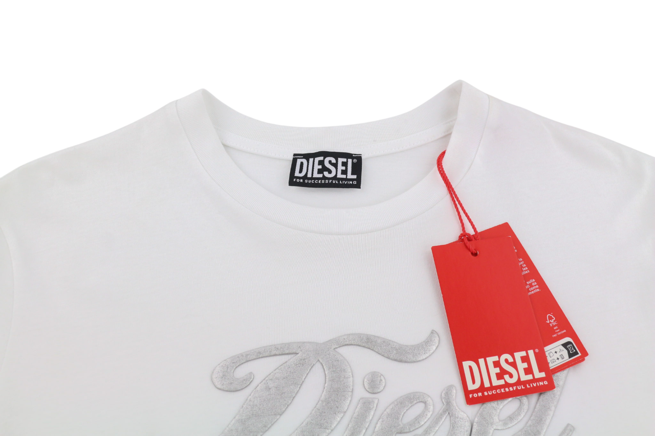 DIESEL D-Egor moteriška suknelė S, balta, trumpomis rankovėmis, apvalia iškirpte, sidabro spalvos, RRP 110 € 